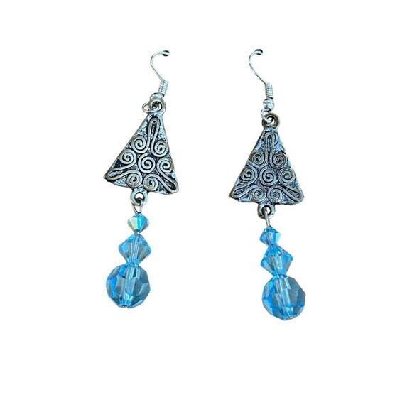 Whimsical Pewter like Blue Beaded Tree Dangle Pierced Earrings - Picture 1 of 4